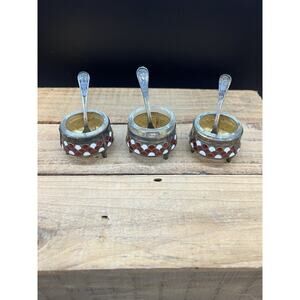 Set Of 3 Vnt Red Enamel Cloisonne Russian Hommet Ommet Open Salt Cellar W/Spoons